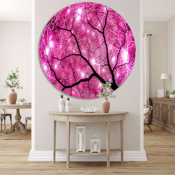 Abstracte boom met fel lichtstralen aluminium muurcirkel