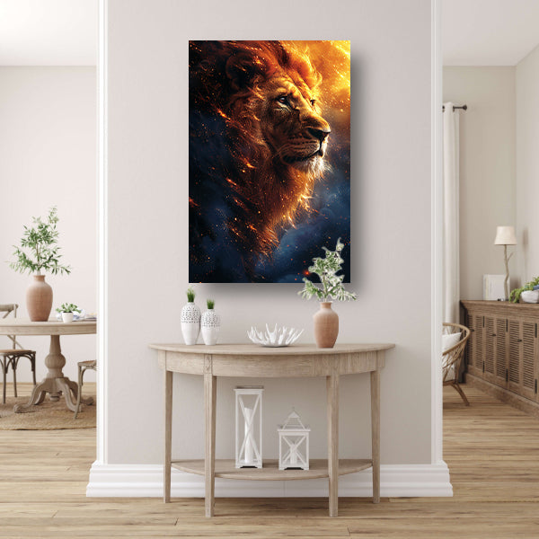 Portret van een majestueuze leeuw met vurige manen canvas