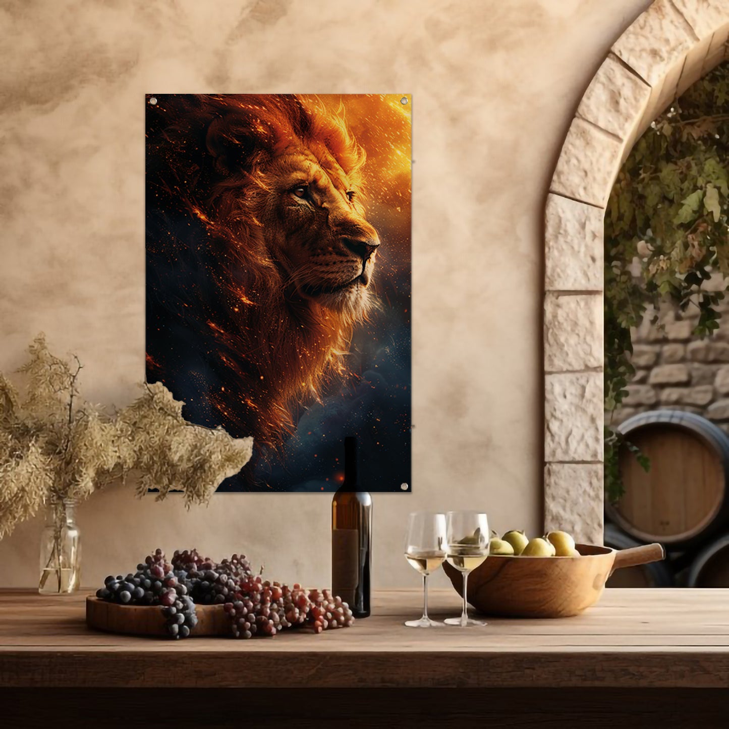 Portret van een majestueuze leeuw met vurige manen tuinposter