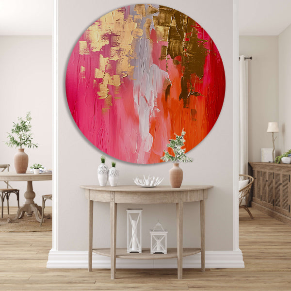 Abstract Expressionistisch Schilderij met Rode en Gouden Tinten aluminium muurcirkel