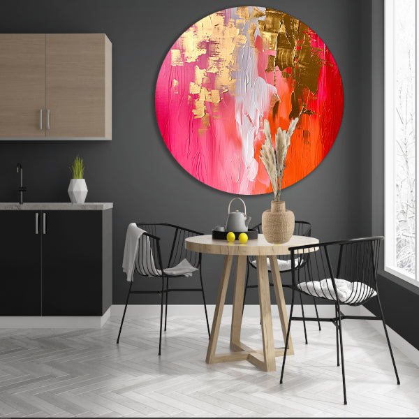 Abstract Expressionistisch Schilderij met Rode en Gouden Tinten aluminium muurcirkel