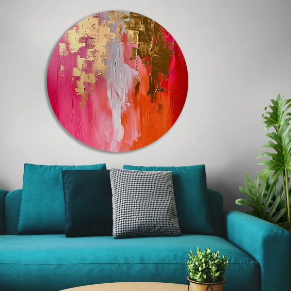 Abstract Expressionistisch Schilderij met Rode en Gouden Tinten aluminium muurcirkel
