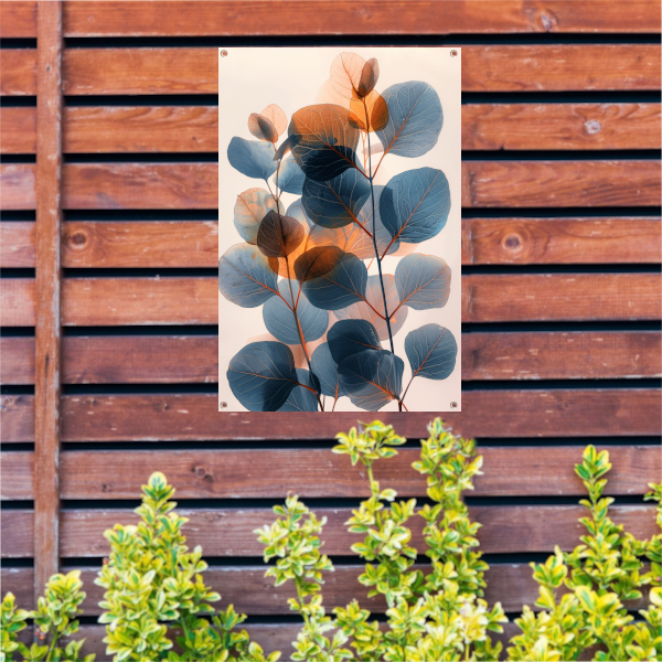 Abstracte compositie van blauwe en oranje bladeren tuinposter