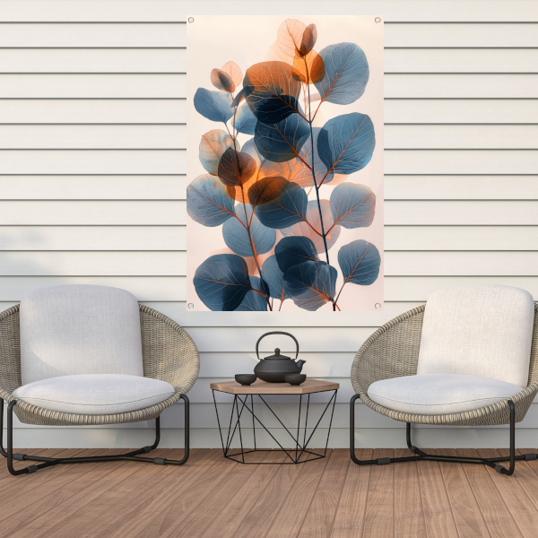 Abstracte compositie van blauwe en oranje bladeren tuinposter