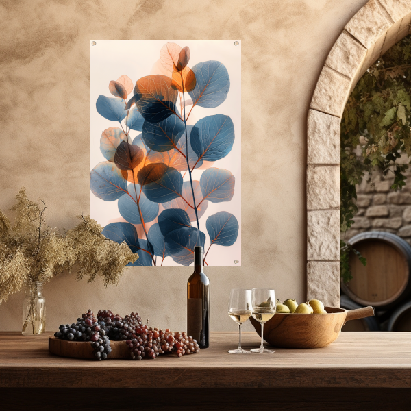 Abstracte compositie van blauwe en oranje bladeren tuinposter