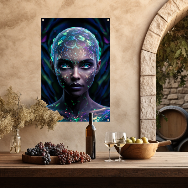 Bioluminiscerende vrouw met futuristische uitstraling tuinposter