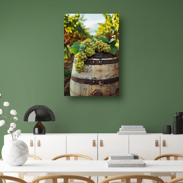Rustiek Houten Vat met Groene Druiven in Wijngaard canvas
