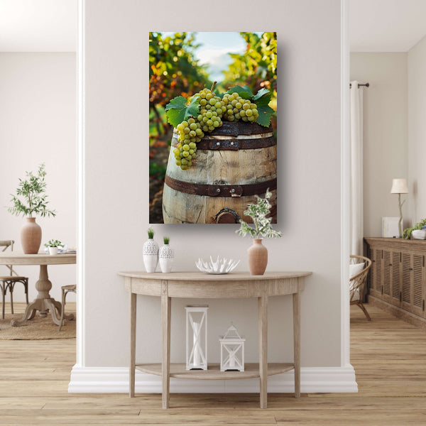Rustiek Houten Vat met Groene Druiven in Wijngaard canvas