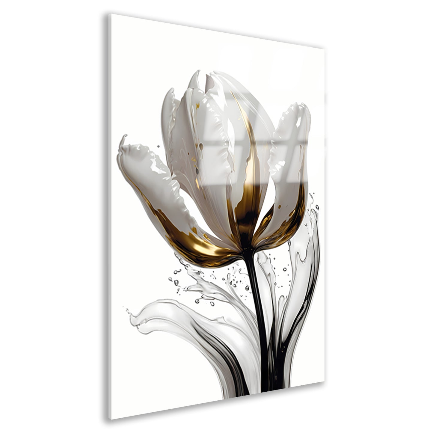 Abstracte witte en gouden tulp met druppels acrylglas