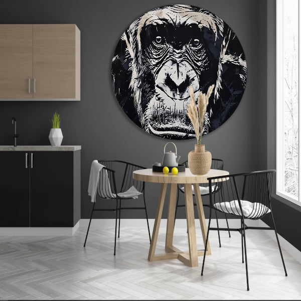 Gedetailleerde zwart-wit aap portretkunst aluminium muurcirkel