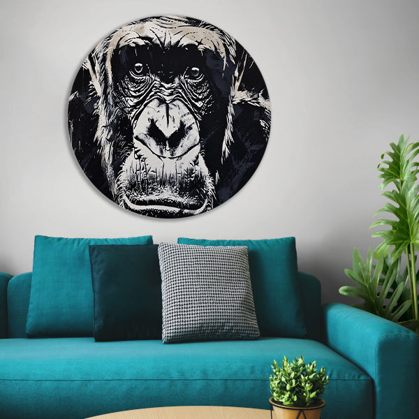 Gedetailleerde zwart-wit aap portretkunst aluminium muurcirkel