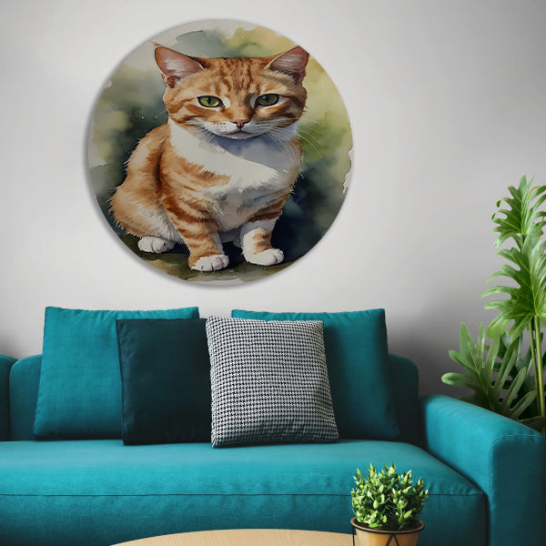 Serene aquarel van een bedachtzame kat aluminium muurcirkel