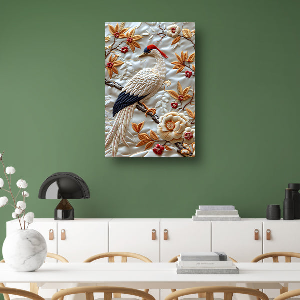 Borduurwerk van een vogel met bloemen poster
