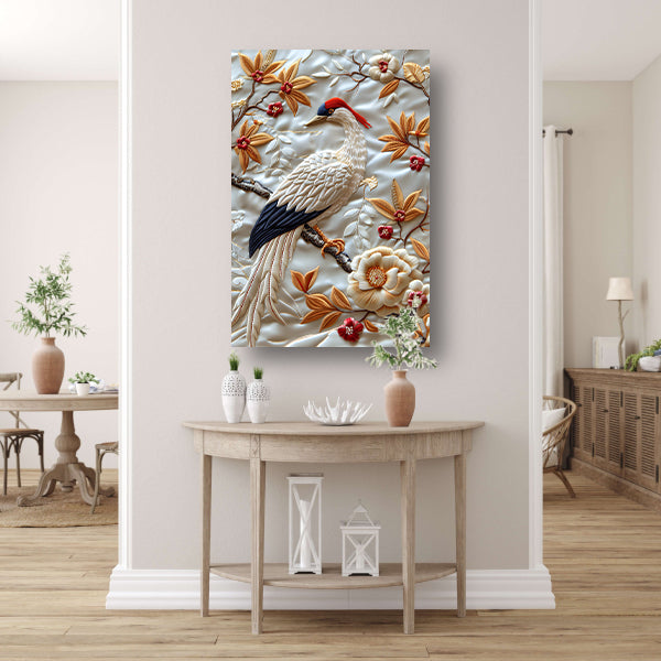 Borduurwerk van een vogel met bloemen poster