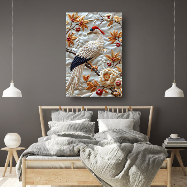 Borduurwerk van een vogel met bloemen poster
