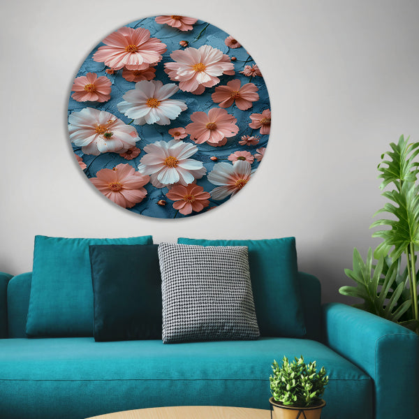 Abstract Bloemen in Blauw aluminium muurcirkel