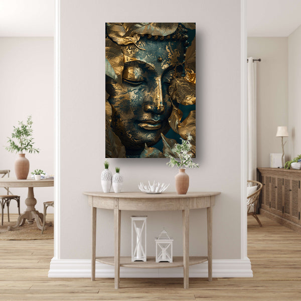 Blauwe en Gouden Boeddha met Bladmotieven acrylglas