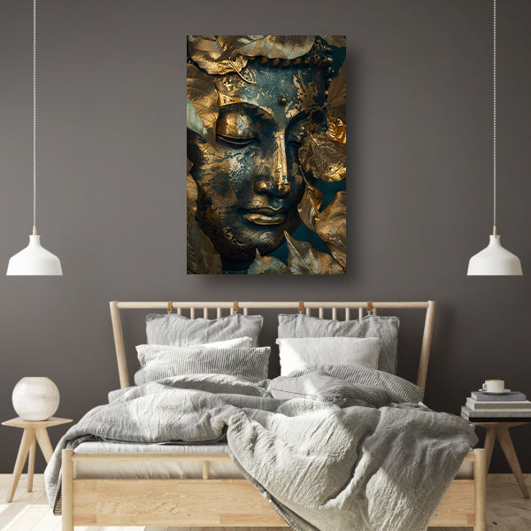 Blauwe en Gouden Boeddha met Bladmotieven acrylglas