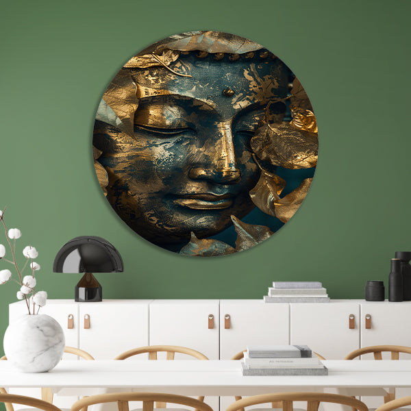 Blauwe en Gouden Boeddha met Bladmotieven aluminium muurcirkel