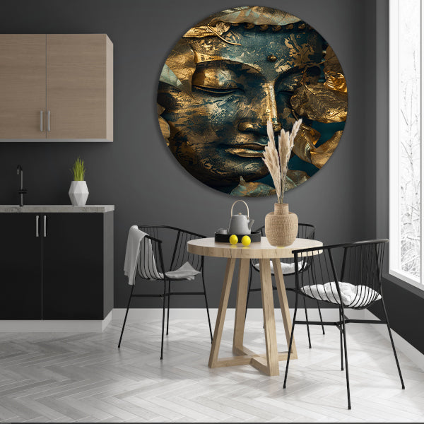 Blauwe en Gouden Boeddha met Bladmotieven aluminium muurcirkel