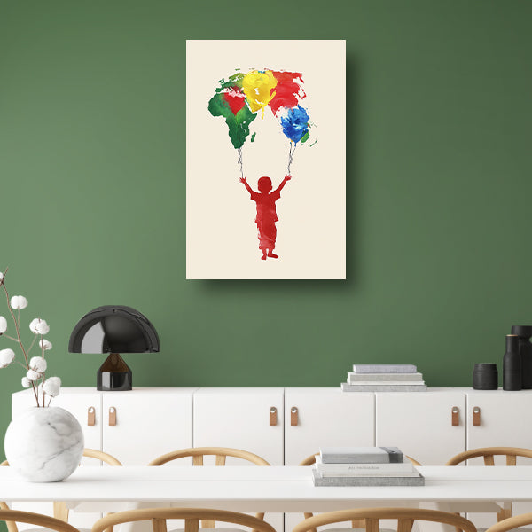 Kind houdt de wereld vast als ballonnen poster