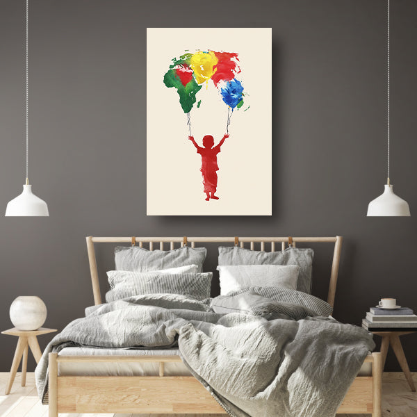Kind houdt de wereld vast als ballonnen poster