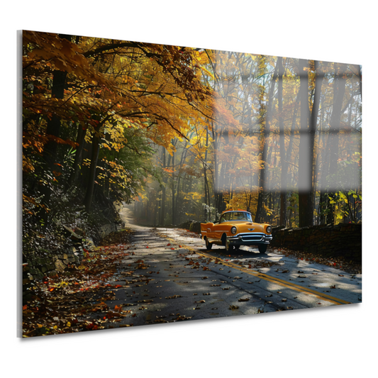 Gele auto in boslandschap acrylglas