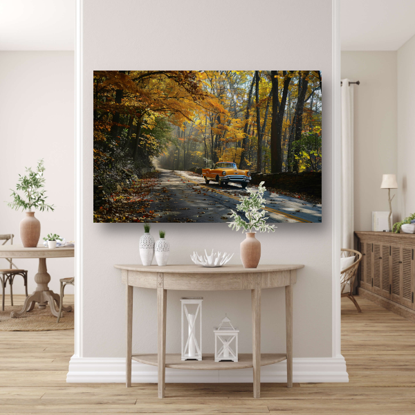 Gele auto in boslandschap canvas