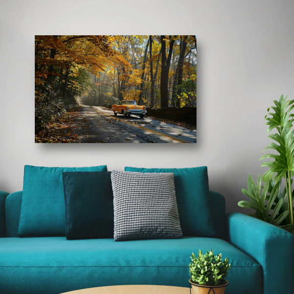 Gele auto in boslandschap canvas