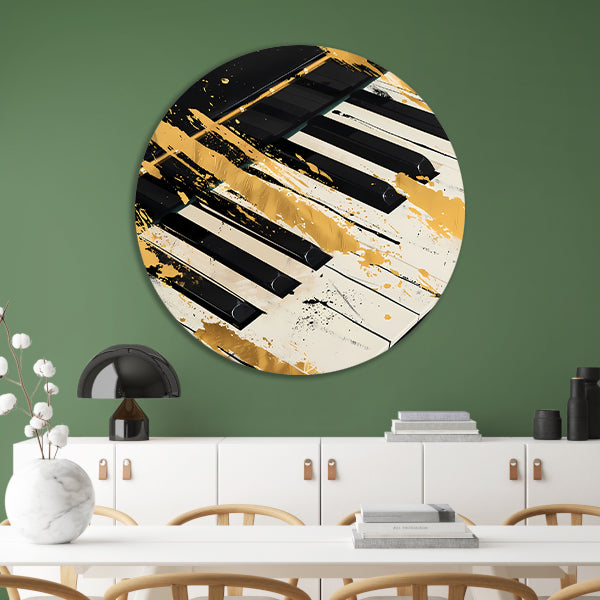 Abstract expressie op piano met goud aluminium muurcirkel