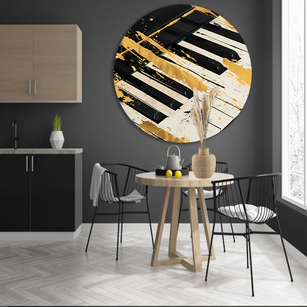 Abstract expressie op piano met goud aluminium muurcirkel