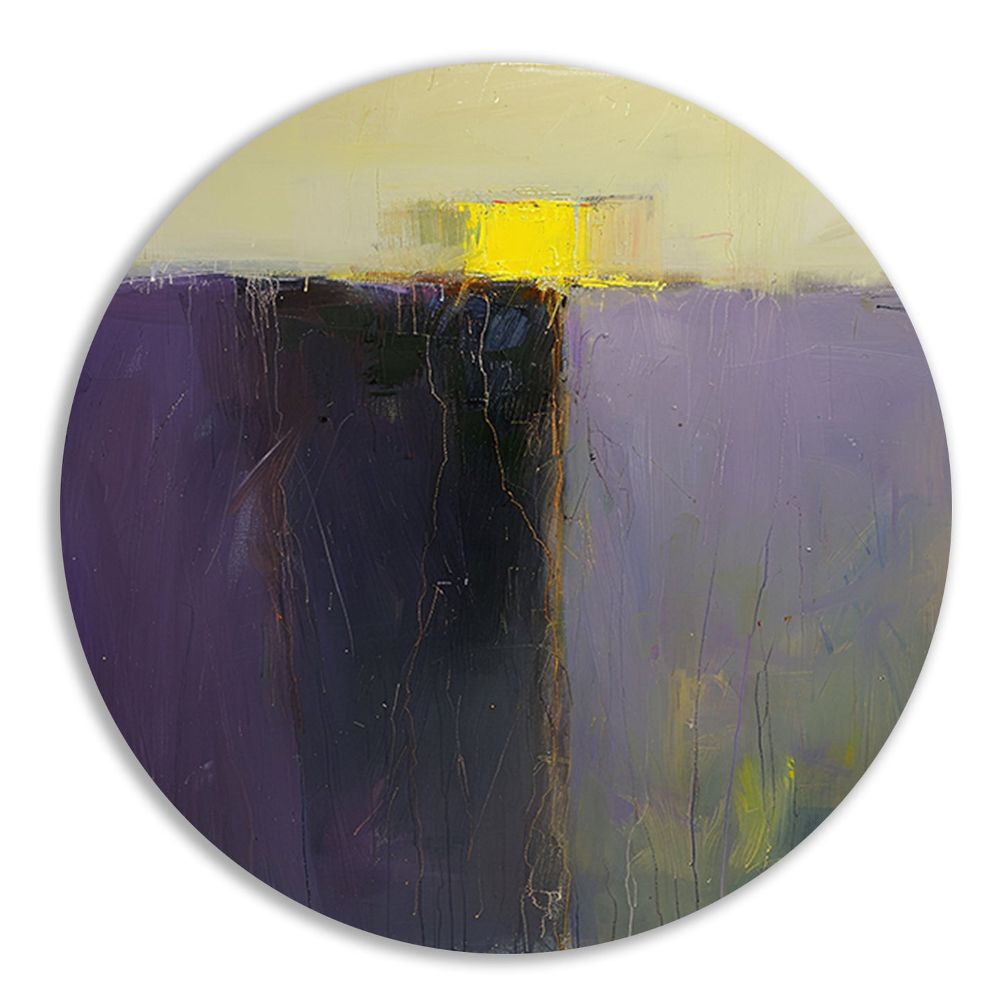 Abstract schilderij met paarse en gele kleuren aluminium muurcirkel