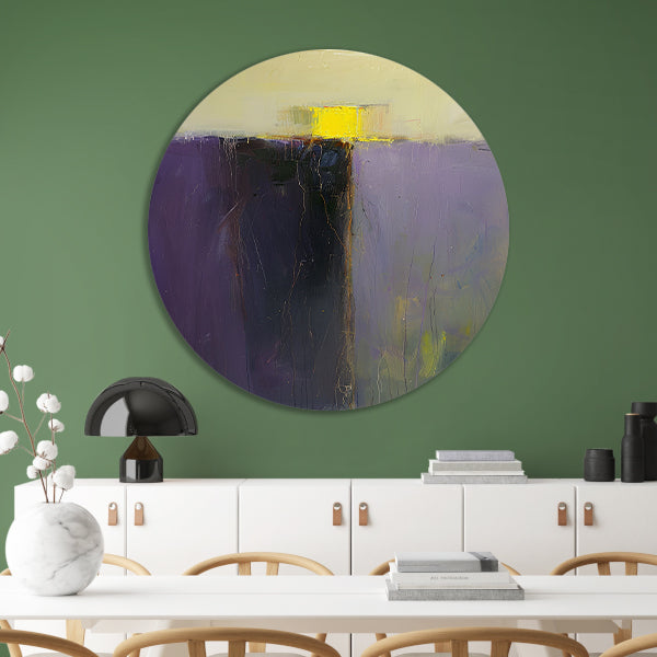 Abstract schilderij met paarse en gele kleuren aluminium muurcirkel