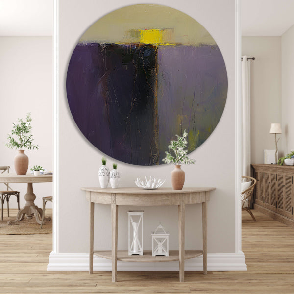 Abstract schilderij met paarse en gele kleuren aluminium muurcirkel