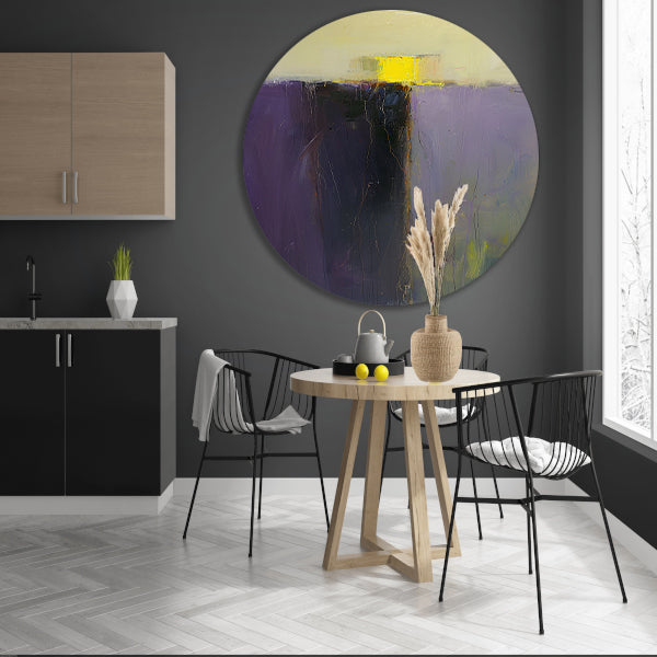 Abstract schilderij met paarse en gele kleuren aluminium muurcirkel