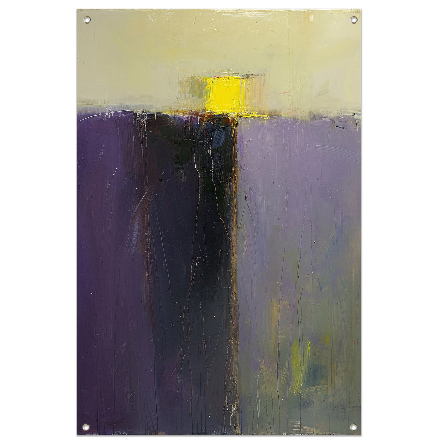 Abstract schilderij met paarse en gele kleuren tuinposter