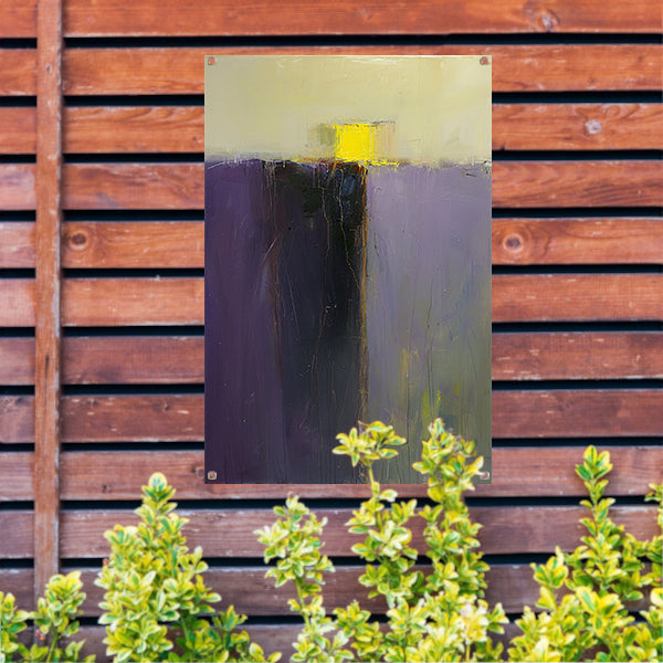 Abstract schilderij met paarse en gele kleuren tuinposter