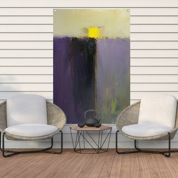 Abstract schilderij met paarse en gele kleuren tuinposter