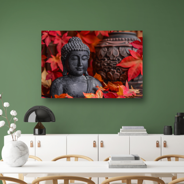 Boeddhabeeld met herfstbladeren canvas