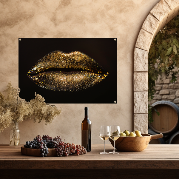 Gouden glitterlippen in close-up portret tuinposter