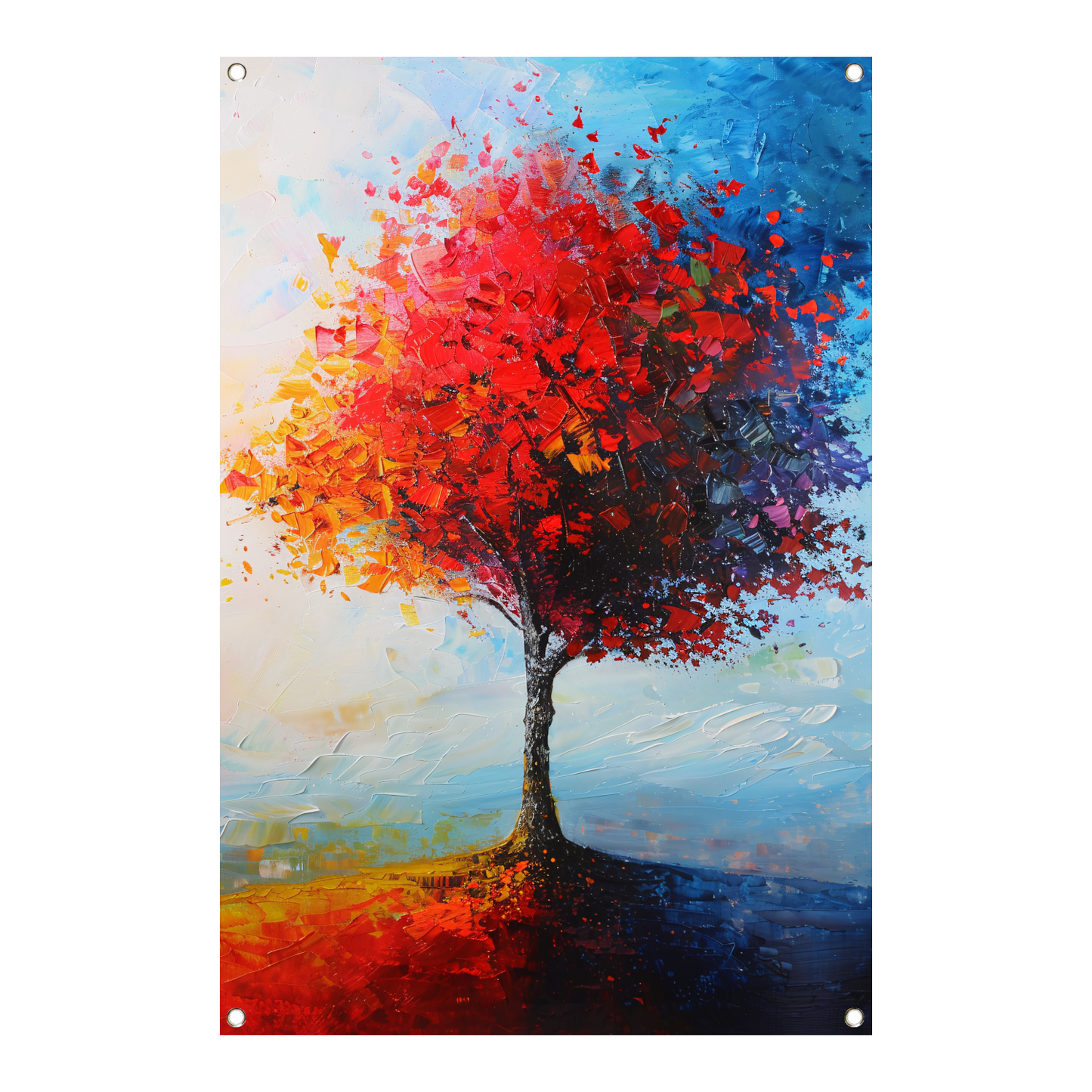 Expressieve kleurrijke boom met rode en oranje tinten tuinposter