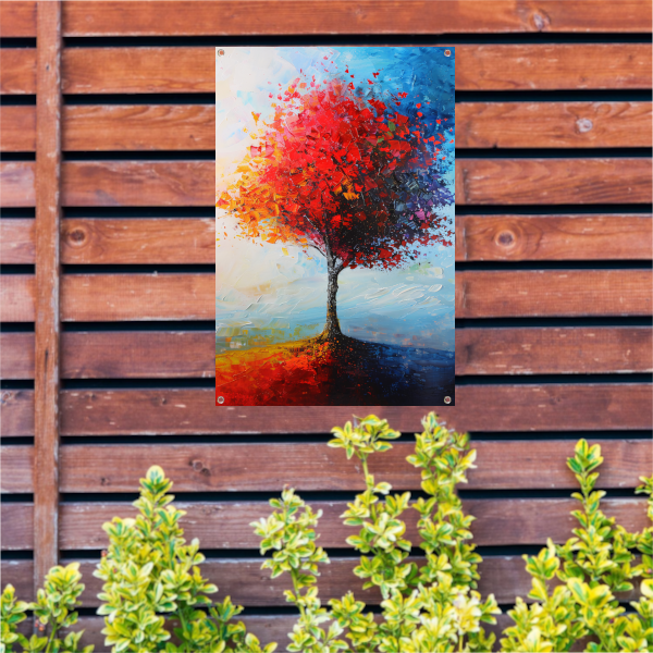 Expressieve kleurrijke boom met rode en oranje tinten tuinposter