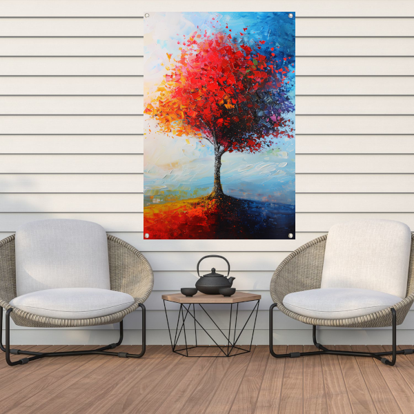 Expressieve kleurrijke boom met rode en oranje tinten tuinposter