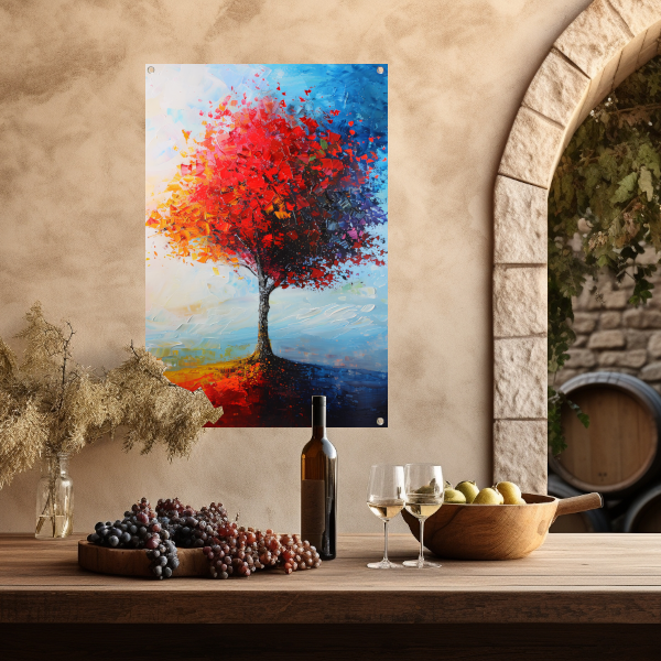 Expressieve kleurrijke boom met rode en oranje tinten tuinposter
