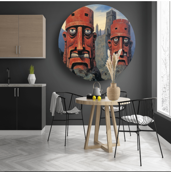 Totempalen en kasteel in minimalisme aluminium muurcirkel
