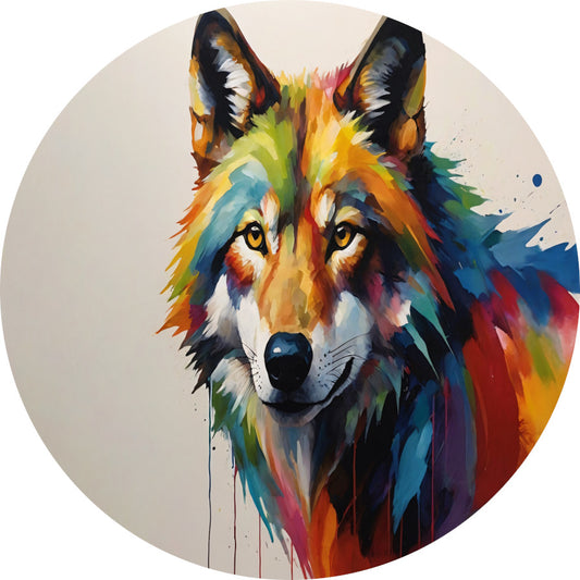 Kleurrijke Abstractie van een Wolf in Druipvorm aluminium muurcirkel
