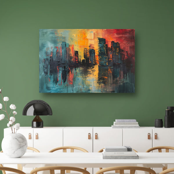 Dynamische Abstracte Stedelijke Skyline bij Zonsondergang poster