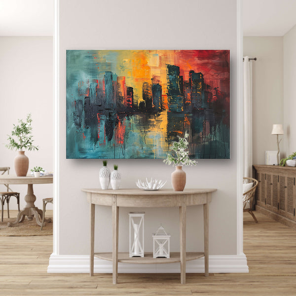 Dynamische Abstracte Stedelijke Skyline bij Zonsondergang poster