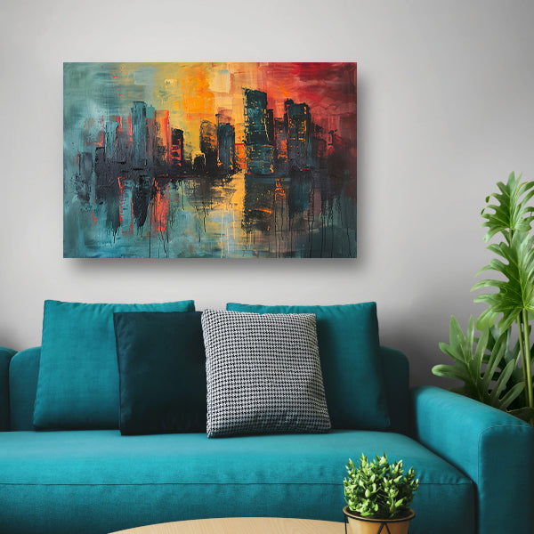 Dynamische Abstracte Stedelijke Skyline bij Zonsondergang poster