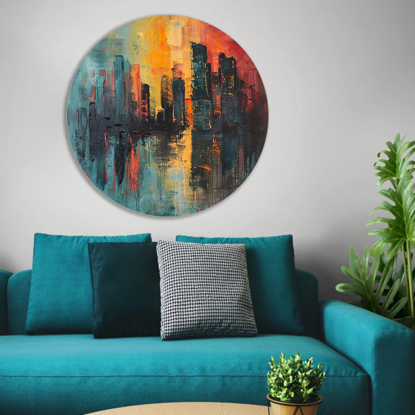 Dynamische Abstracte Stedelijke Skyline bij Zonsondergang aluminium muurcirkel